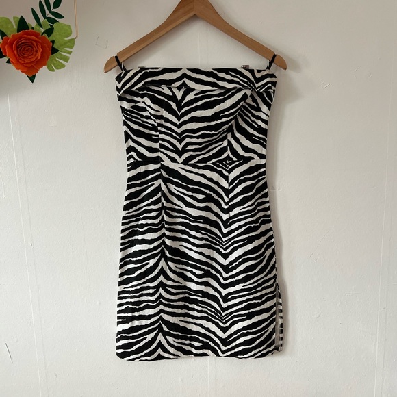 EUC VTG 90s L zebra stripe strapless dresss cotton/lycra side slits - Picture 16 of 16